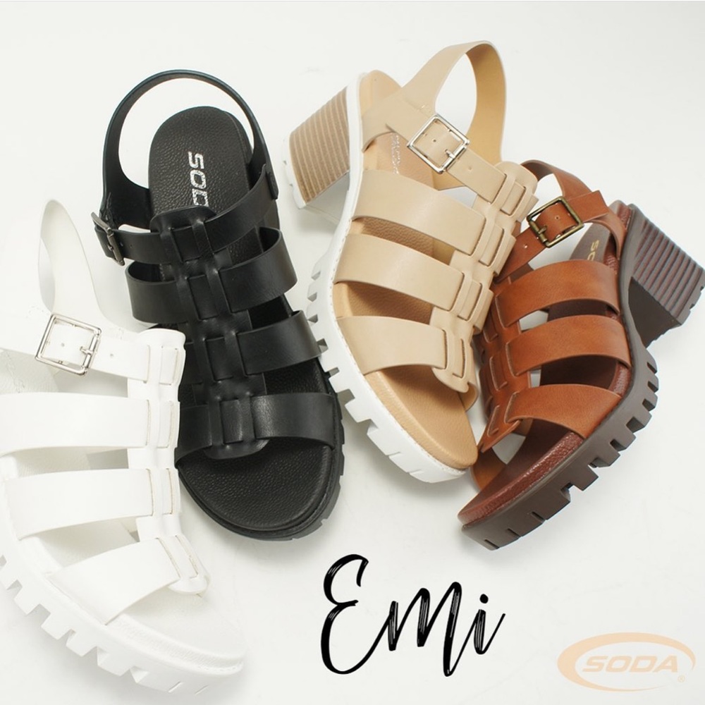 Size 7.5 Soda EMI Black Lug Sole Platform Heel Sandals - Picture 2 of 6